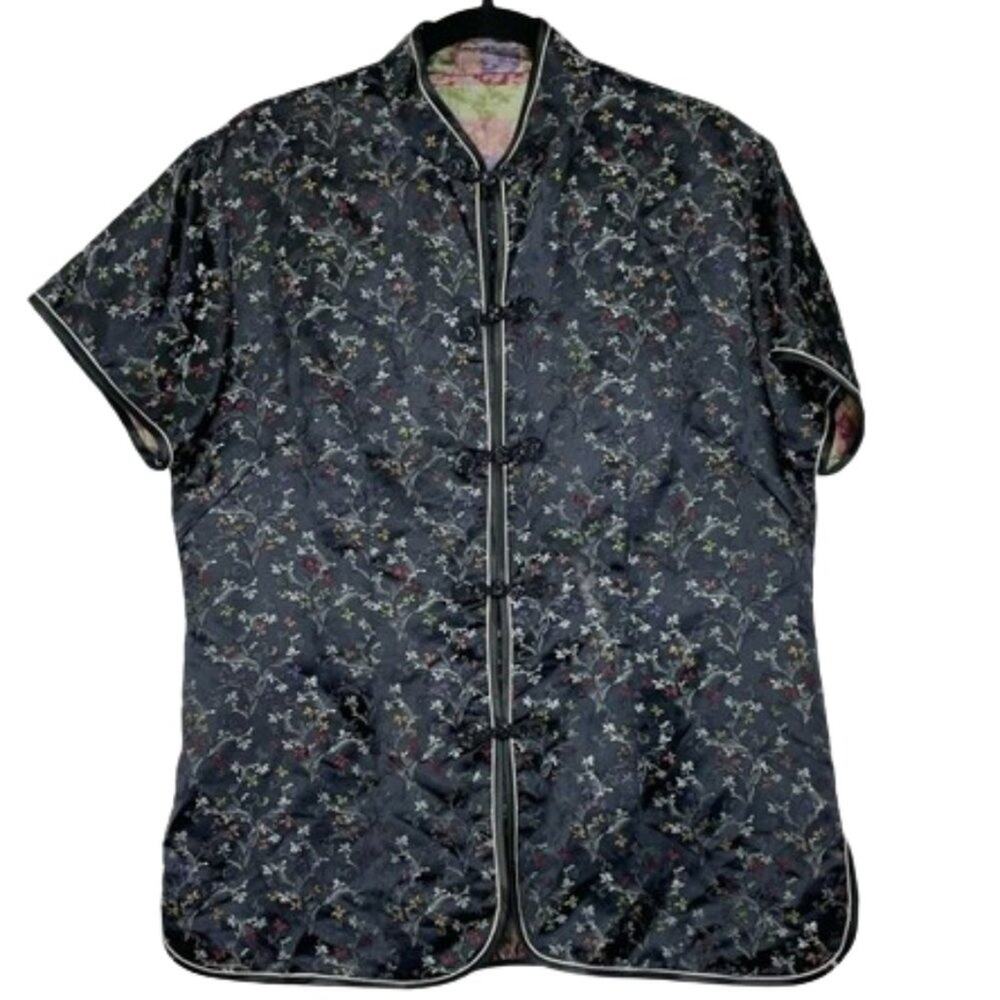 Golden Dragon black oriental traditional floral button down top